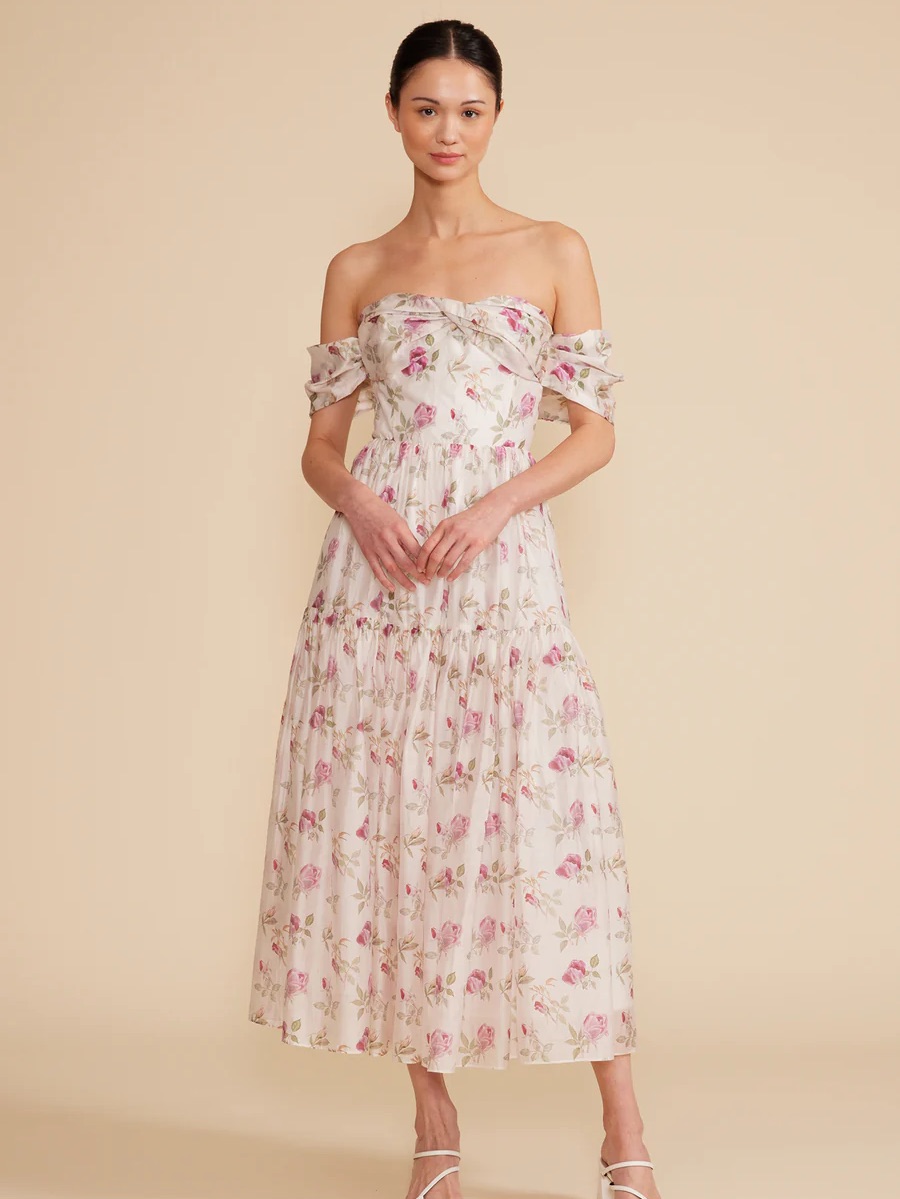 Off-Shoulder Pink Floral Midi Dress Lucy Paris Romantic Wedding Guest Green Xs